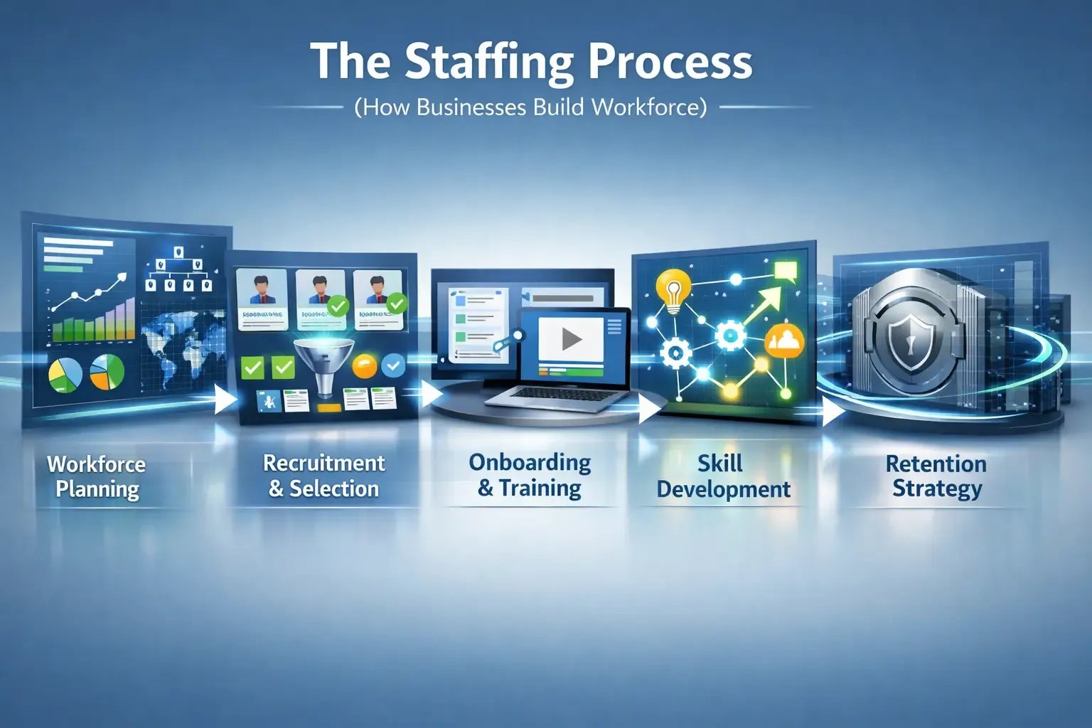 Infographic showing 5-step staffing process from planning to retention